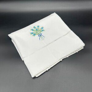 Vintage White Tablecloth Blue Floral Bouquet Embroidery Small Cotton Handmade